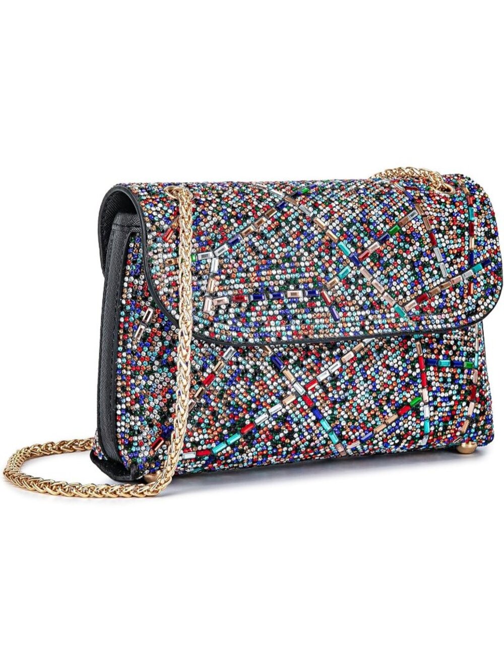 Women's Blue Black Rhinestone Evening Clutch Bag with Chain Strap Shoulder Purse